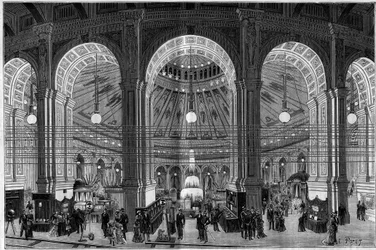 A Exposição Electricite em Viena (Áustria), uma visão geral da grande rotunda iluminada por luz eléctrica. Gravura em "La Nature. Revue des sciences et de ses applications aux arts et à l