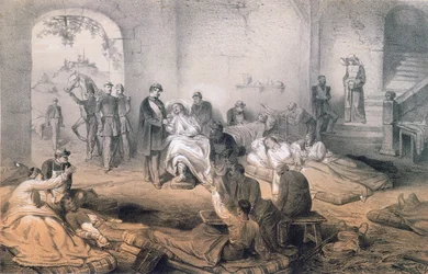 O Imperador Napoleão III visitando soldados feridos após a Batalha de Solferino, 24 de junho de 1859