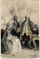 O comediante inglês David Garrick (1717-1779), disfarçado de treinador, irrompeu por uma duquesa ansiosa para tentar raciociná-la e convencê-la do absurdo de seu amor por ele Placa tirada de "Scenes de la vie des hommes famous" gravada em duas canetas