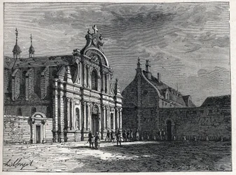 O convento de Feuillants, o ponto de encontro do Clube Feuillants, uma organização política realista durante a revolução francesa. Gravura de 1889. Coleção privada.