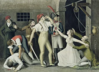 A Devoção Filial e Heróica de Madamemoiselle de Sombreuil em setembro de 1792, c. 1800 (caneta e tinta, wc e guache sobre papel)