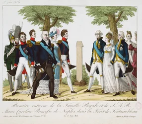 A primeira reunião entre Louis XVIII (1755-1824) e Marie-Caroline-Ferdinande (1798-1870) de Bourbon, na Croix de St. Herem na floresta de Fontainebleau, 15 de junho de 1816, 1816-30 (engr coloridas