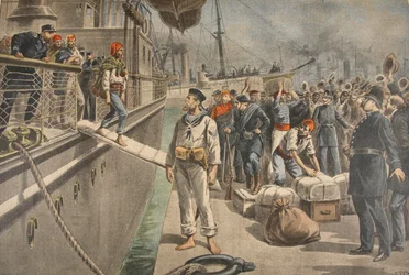 Os Primeiros Prisioneiros em Key West durante a Guerra Hispano-Americana, ilustração do Le Petit Journal: Supplement illustre, 8 de maio de 1898