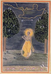 O jogador de flauta, ilustração para o príncipe diamante, do The Arabian Nights, 1895 (gravura de cor)