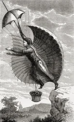 O homem voador, gravado após Nicolas Edme Restif de la Bretonne, de "Maravilhosas Subidas Balão ou a Conquista dos Céus", por Fulgence Marion, publicado em c.1870