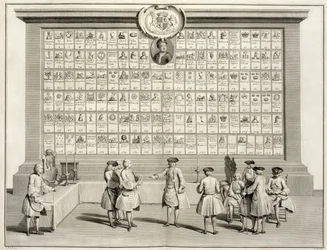 Os maçons, com sinais para as várias lojas, de As cerimónias da religião e do costume, c. 1733