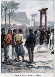 A guilhotina francesa três rebeldes em Setif em Algerie - no " Le Petit Parisien".
