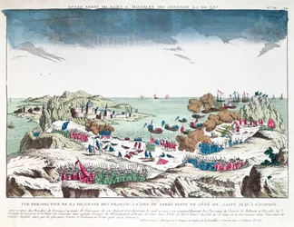 O ataque francês a São João na Terra Nova em 2 de junho de 1762 sob o comando de Chevalier du Ternay (1722-80), no final do século XVIII