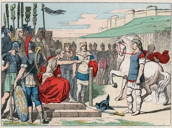 O chefe gaulês Vercingétorix (80-46 a.C.) dirige-se a Júlio César (100-44 a.C.) em Alésia, em 52 a.C. - Vercingétorix (72-46 a.C.), chefe gaulês, rende-se a César em Alésia (França) - Gravura do final do século XIX em «As nossas glórias nacionais