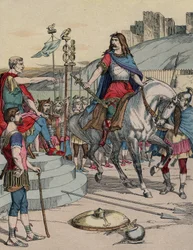 O chefe gaulês Vercingétorix (72-46 a.C.) rende-se ao chefe romano Júlio César (100-44 a.C.) após a batalha de Alésia em 52 a.C.