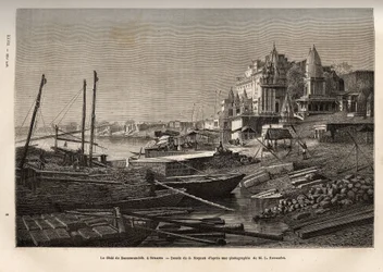 O Ghat de Benares (actual Vanarasi) (ghat que designa os degraus que cobrem as margens dos rios e as margens das bacias e reservatórios que permitem descer em contacto com a água), gravado após o desenho de G. Moynet, ilustrando a viagem t
