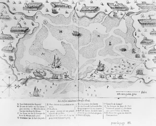 O porto de Cape Cod, de Voyages de sieur Champlain, de Samuel de Champlain (1567-1635), publicado em Paris, 1613