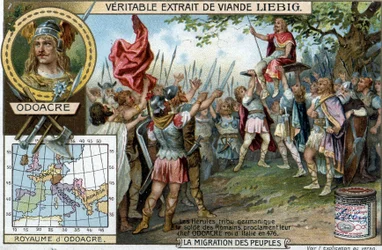 Os hérulos, uma tribo germânica ao serviço dos soldados romanos, proclamaram o seu chefe Odoacro rei de Itália em 476 (fim do Império Romano) - cromo publicitário Liebig