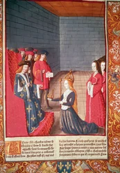 A Santa Imperatriz Romana Richilde da Provence em Compiegne apresentando a Luís, o Gago, a coroa e o cetro que haviam pertencido a seu pai Carlos II 