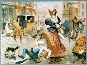 A cena do gelo na rua de Paris durante o inverno, um empregado desliza no chão por causa do gelo, bem como um cavalo a puxar uma carruagem, século XX (cromolitografia)