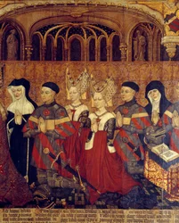 A Família Jouvenel de Ursins. Detalhe das mulheres filhos de Jean Juvenal e prelats. Pintura em madeira da Escola Francesa. 1443-1449. Sol 1,3x3,5 m Paris, museu nacional da Idade Média, Termas de Cluny.