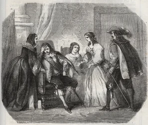 O Rei da França Luís XIII (1601-1643) é apanhado com enxaqueca quando fala com a Rainha Ana da Áustria (1601-1666). Gravura de 1871 em "Histoire Des Cocus Celebres" de Henry de Kock (1819-1892).