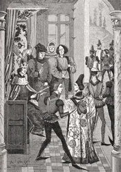 Corte do Rei ou Grande Conselho, depois de uma miniatura nas "Crônicas de Froissart", de "Le Moyen Age et la Renaissance", de Paul Lacroix (1806-84), publicado em 1847