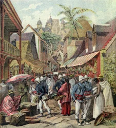 A expedição de Madagascar, soldados franceses em uma rua em Tananarive, de Le Petit Journal, 27 de outubro de 1895