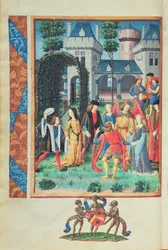 O Jardim Mágico, com figuras alegóricas de Cortesia, Amor, Beleza e Liberalidade, do Roman de la Rose (guache em pergaminho)