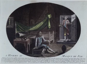 O Homem da Máscara de Ferro (d.1703) aprisionado na Bastilha, impresso de 1789-90, que o identifica como Luís de Bourbon, conde de Vermandois, filho de Luís XIV (1638-1715) e Louise de la Valliere (16