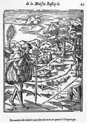 A maneira em que reduzir qualquer tipo de terreno para a Praça de topografia, ilustração de LAgriculture et Maison Rustique por Charles Estienne, edição publicada em 1641