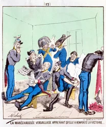 A Maréchaussée Versailles fica a saber que ela ganhou a vitória... Desenho animado sobre a Comuna de Paris, por volta de 1870.