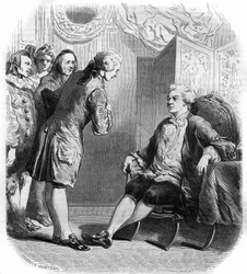 O Marquês de Puysieulx recebendo Philippe Nericault Destouches (1680-1754) e sua trupe de comediantes viajantes. Gravura de 1858-1859.