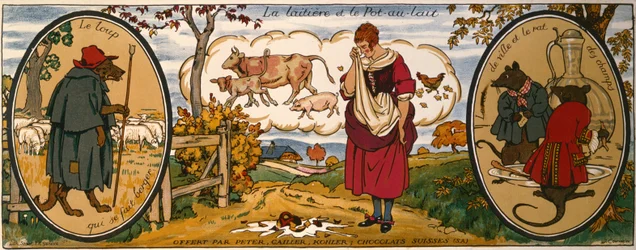 A leiteira e a lata de leite, das "Fábulas" de Jean de La Fontaine (1621-95), cartão comercial dos chocolates suíços "Peter, Cailler, Kohler" (litografia a cores)