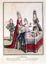 A manhã, Lady em seu banheiro, segunda metade do século XVII (gravura a cores)