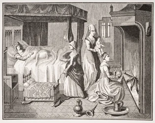 O recém-nascido, depois de uma miniatura do século 15 em "História da Belle Helaine", de "A Idade Média e o Renascimento", de Paul Lacroix (1806-84), publicou 1847