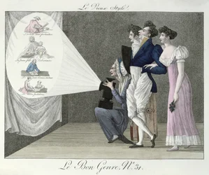 O estilo antigo, assistindo a uma projeção de imagens do século XVIII de um filme de lanterna mágica, ilustração de Le Bon Genre