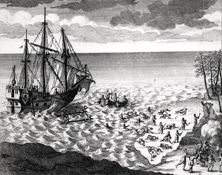 O pelicano que afunda perto da costa, de Histoire de lmerica septentrionale por Bacqueville de La Potherie (1663-1736) publicado em 1753