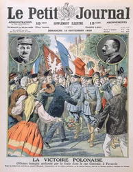 A vitória polonesa, oficiais franceses sendo aclamados pela multidão na rua central em Varsóvia, cobrem a ilustração do Le Petit Journal, em 12 de setembro de 1920.