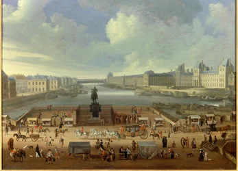 A Pont Neuf vista da entrada da Place Dauphine, o Quai Malaquais, o Colégio das Quatro Nações, a Grande Galeria e o Louvre. Pintura anónima