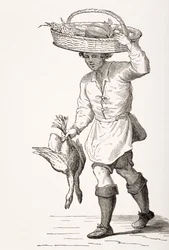 The Poultry Dealer, após uma xilogravura do século XVI de Cesare Vecellio (1521-1601), de "Le Moyen Age et La Renaissance", de Paul Lacroix (1806-84), publicou 1847