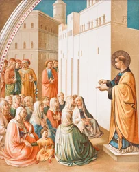 A Pregação de Santo Estêvão, após a pintura a fresco de Fra Angelico, de Ciência e Literatura na Idade Média, de Paul Lacroix pub. Londres 1878