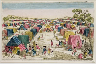 Acampamento do exército prussiano, extraído da vida nos campos da Pomerânia, gravado por Vale, c.1750 (gravura colorida à mão)