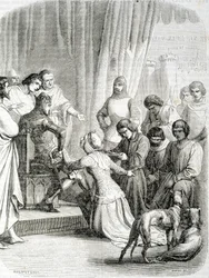 A Rainha de Inglaterra (Philippa de Hainaut) pede graças ao seu marido Eduardo III pelos habitantes de Calais (episódio dos 6 burgueses de Calais)