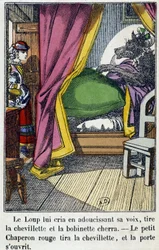 O Capuchinho Vermelho entra na sala onde o lobo tomou o lugar de sua avó - em "O Capuchinho Vermelho", ed. Pellerin, Epinal, n.d. 19.