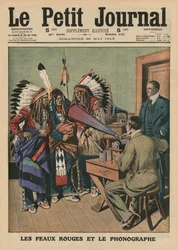 Os Redskins e o fonógrafo, ilustração da capa do &39;Le Petit Journal&39;, suplemento ilustrado, 25 de maio de 1913 (cor lito)