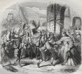 O Regresso de Gonesse, episódio da Fronde: a "Senhora de Paris" acolhe a "Senhora de Aubervilliers" e a "Nouricier Gonesse" que a veio fornecer. Frente de gravura 1649 - gravura em "Paris a travers les siecles" de H. Gourdon de Genouillac