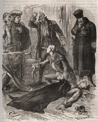 O imperador russo Pedro III (1728-1762), colocado em residência vigiada, foi assassinado por ordem da sua mulher Catarina II, que acabara de o derrubar e tomar o poder, por Alexei Orlov (1737-1808) e os seus guardas em 17 de julho de 1762. Gravura de 1871