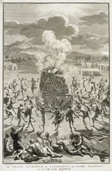 O Sacrifício de Quitchi-Manitou, ou O Grande Espírito, pelos canadenses, ilustração de cerimônias religiosas e costumes, gravada por Bernard Picart (1673-1733) 1723