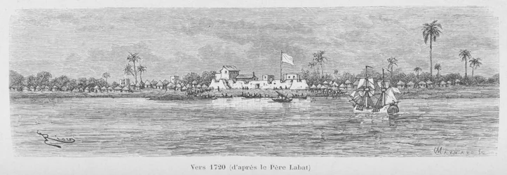 O rio Saint-Louis em 1720, Senegal, ilustração de "Le Senegal..." de Louis Leon Faidherbe