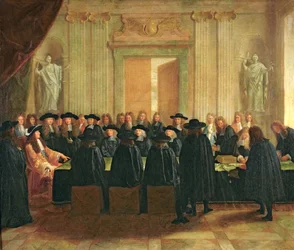 O selo realizado por Luís XIV (1638-1715) perante os membros do Conselho de Estado e do Tribunal de Recurso em 1672, 1672