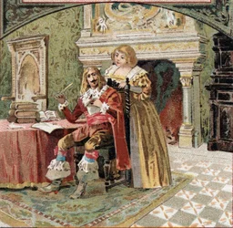 O Senhor de Beringhen e a Senhora do Fargis conspiraram contra Richelieu (Armand Jean du Plessis, Cardeal de Richelieu (1585-1642), ministro de Luís XIII, no Castelo de Azay-le-Rideau (Azay le Rideau) (Indre-et-Loire). Cromolitografia do final do século XI