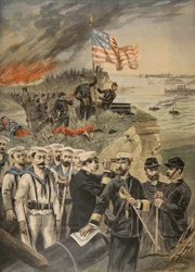 A Guerra Hispano-Americana: pouso em Guantánamo, ilustração do Le Petit Journal: Supplement illustre, 1898