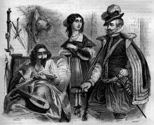 O escritor espanhol Miguel de Cervantes Saavedra (1547-1616) em casa, em 1614, rodeia sua esposa e o Conde de Lemos. Gravura de 1852.