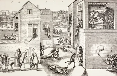 O massacre de São Bartolomeu, em agosto de 1572, de "A vida militar e religiosa na Idade Média", de Paul Lacroix, publicado em Londres, c.1880